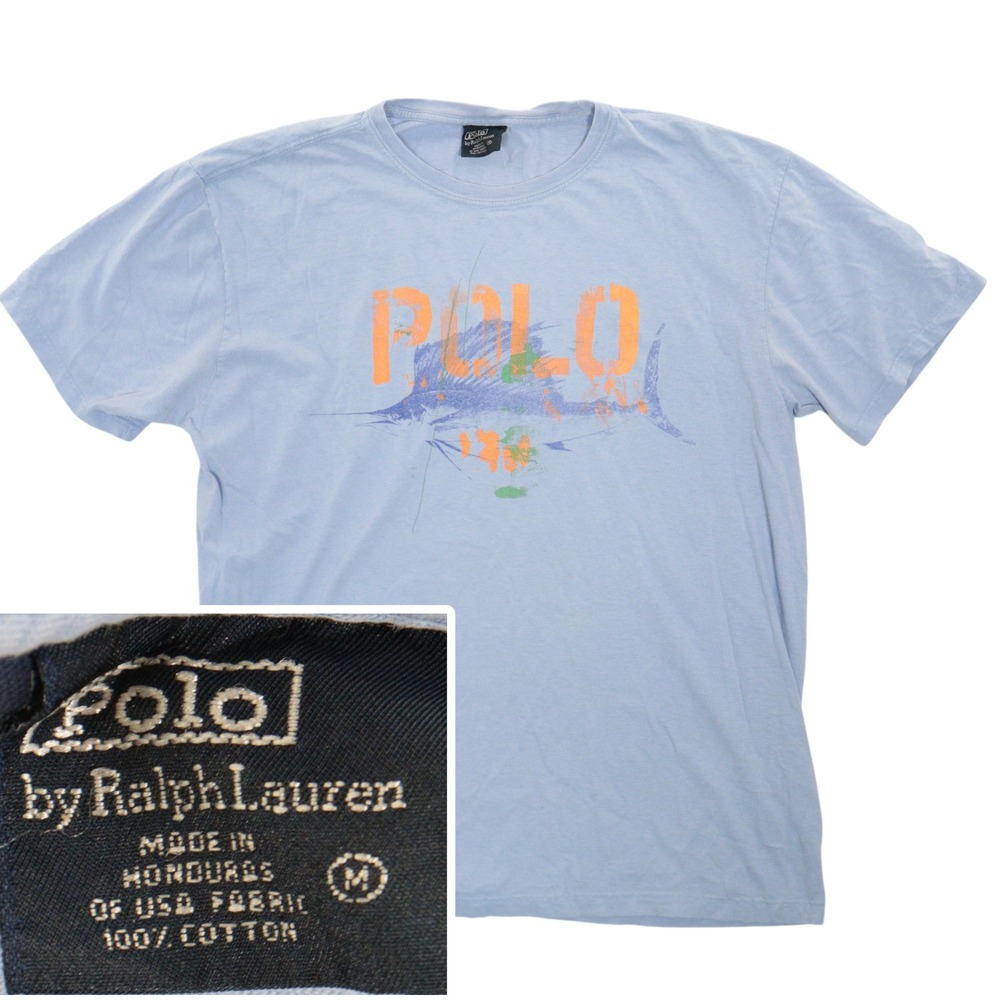 VTG Polo Ralph Lauren T-Shirt Graphic Marlin Fish Blue Cotton Kids M
